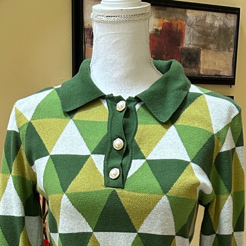 Urban Outfitters Women’s Geometric Green White Long Sleeve Crop Cotton Shirt Lrg - Picture 3 of 16